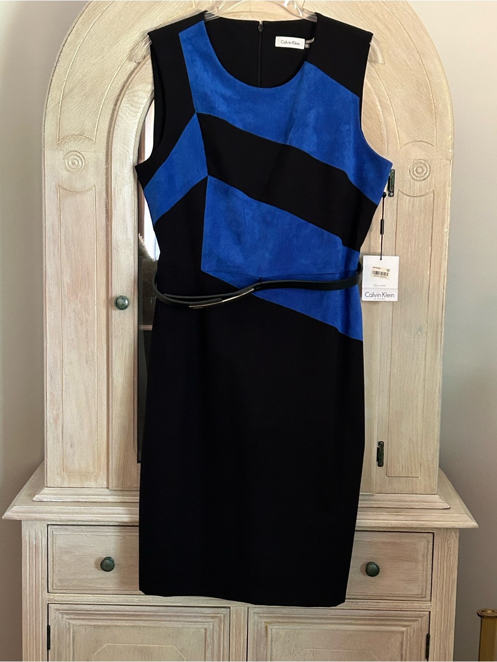 Calvin Klein Black and Cobalt Blue Colorblock Sheath Dress, Size 12